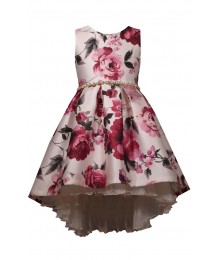 Bonnie Jean Ivory Multi Floral Mikado Hi Low  Jewelled Waist  Pleated Dress
